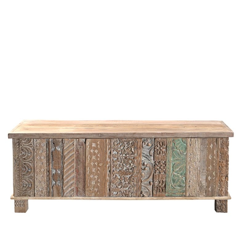 Coffre indien avec frises sculptées patine coloré 125cm INDIA