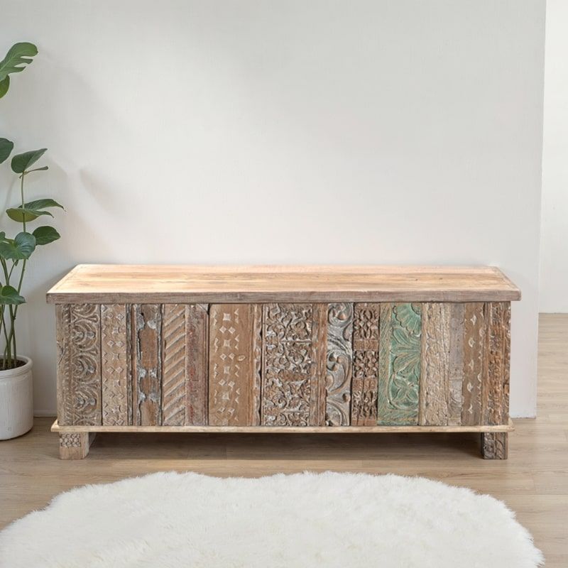 Coffre indien en bois frises sculptées 125cm INDIA