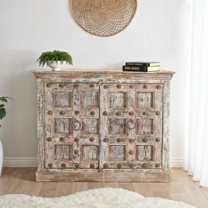 Buffet indien bois exotique sculpté 2 portes 116cm INDIA