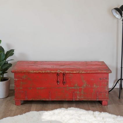 Coffre indien en bois massif recyclé 136cm INDIA rouge