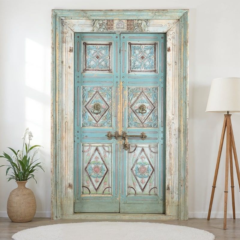 Porte d'entrée indienne bois massif sculptées 144cm INDIA