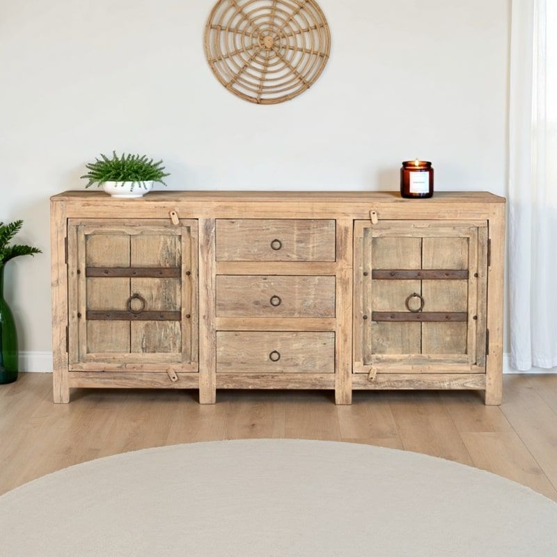 Buffet indien bois massif exotique 2 portes 3 tiroirs 172 cm INDIA