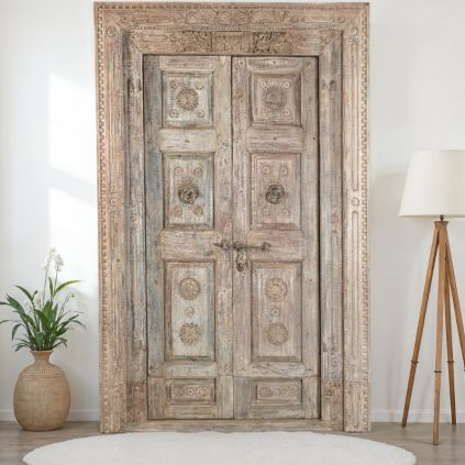 Porte indienne ancienne en bois massif recyclé 154cm INDIA