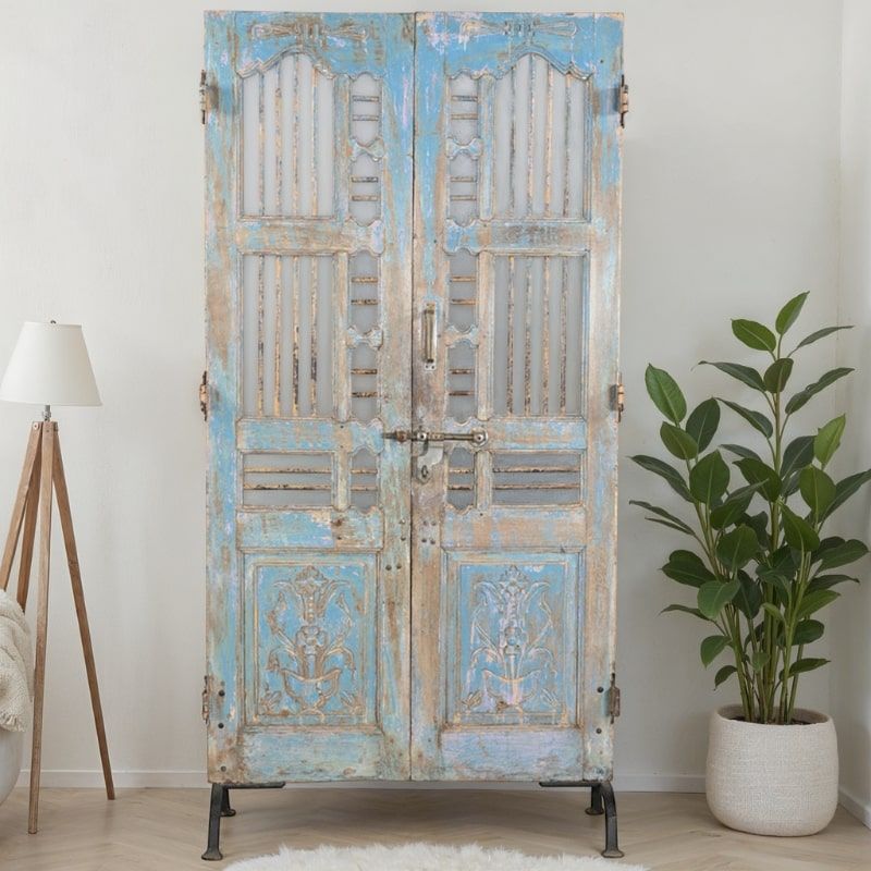 Porte déco indienne bois sculpté 105cm sur pieds INDIA 