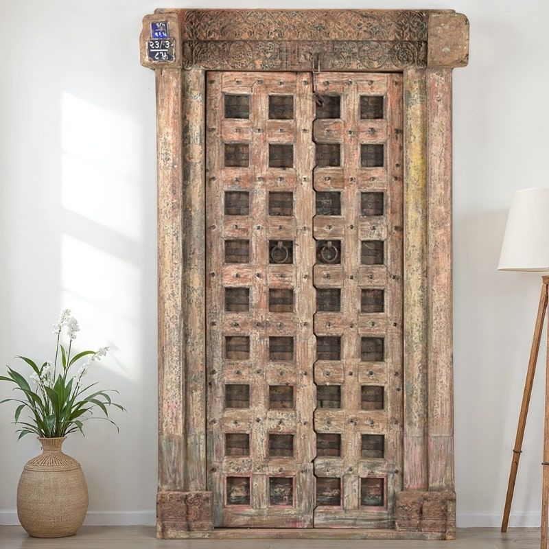 Porte indienne ancienne en bois exotique recyclé 140cm INDIA