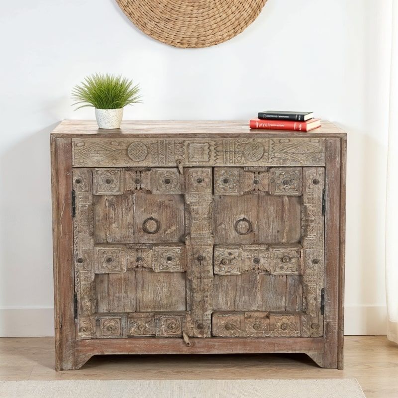 Buffet indien ethnique bois massif sculpté 114cm INDIA