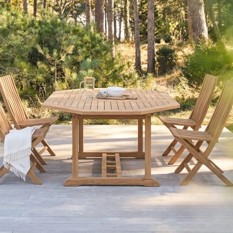 Table teck massif octogonale avec rallonge 6 à 10 personnes JATI 120/180cm