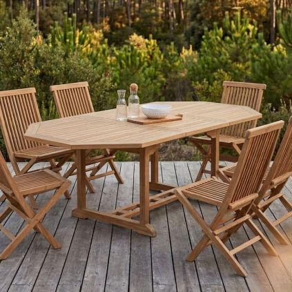 Table de jardin teck massif octogonale extensible 8 à 12 personnes JATI 150/200cm
