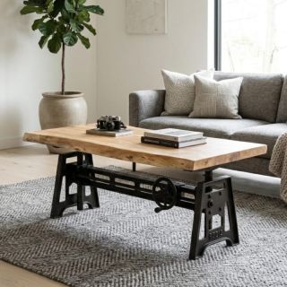 Table basse relevable industrielle en acacia et fonte IRON 130cm