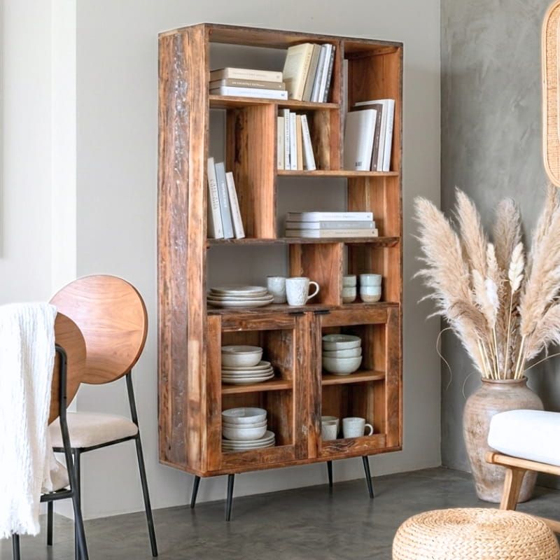 Bibliothèque vitrine en bois recyclé vintage MERAKI 100cm