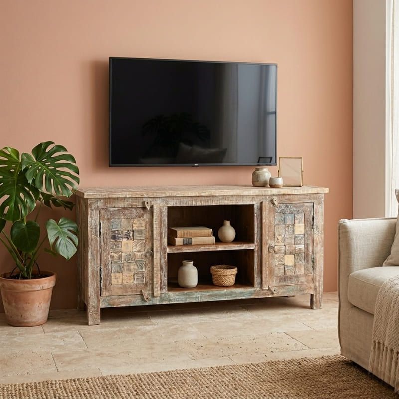 Meuble TV bois sculpté 120cm MOZAIK