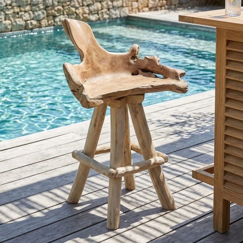 Chaise de bar pivotante racine de teck RACINE ~70cm 4 pieds