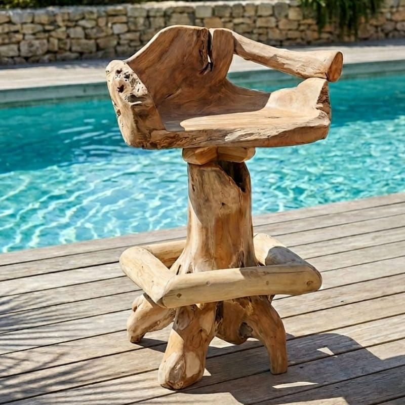 Chaise de bar pivotante racine de teck RACINE ~70cm pied central