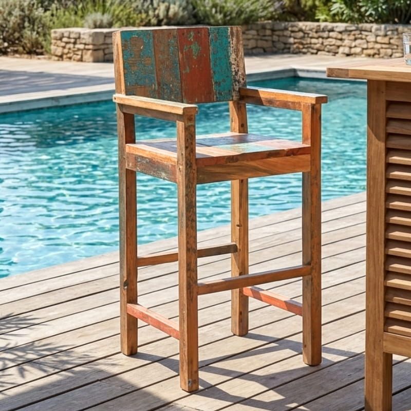 Chaise de bar en bois de bateau BOATWOOD 60cm avec accoudoirs