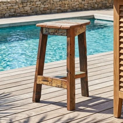 Tabouret de bar bois de bateau BOATWOOD 41cm 3 pieds