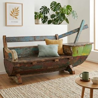 Banc pirogue bois recyclé BOATWOOD 220cm droite