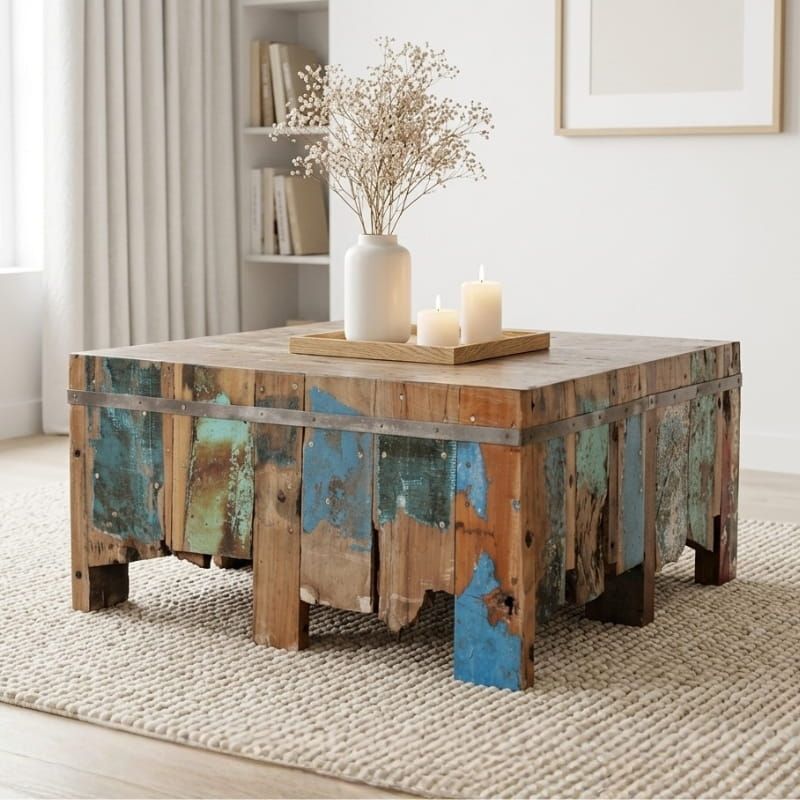 Table basse carrée bois de bateau BOATWOOD 80cm