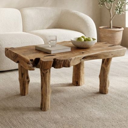 Table basse tranche racine de teck 4 pieds ≈90cm