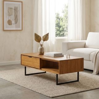 Table basse teck recyclé et métal SALVADOR 120cm 2 tiroirs