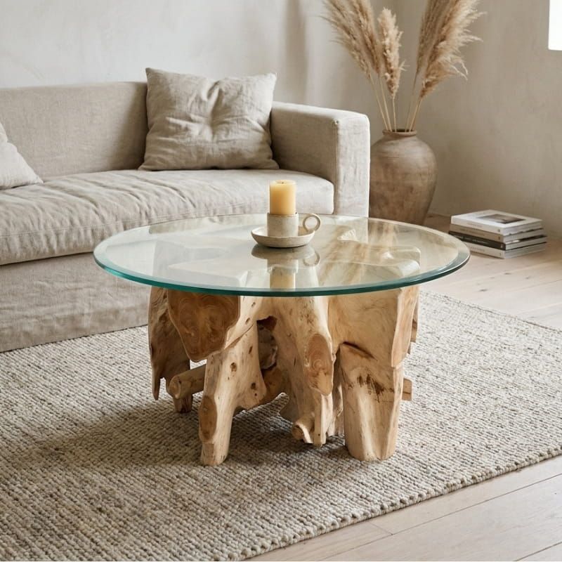 Table basse racine de teck ronde Ø80cm RACINE avec verre