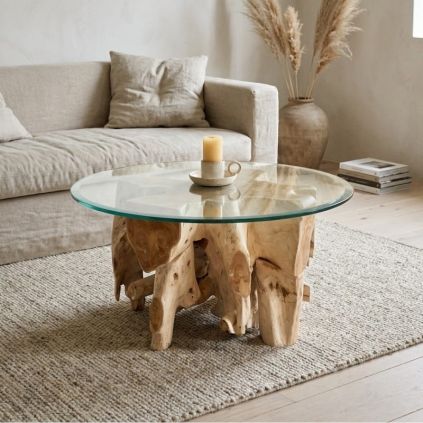 Table basse racine de teck ronde Ø80cm RACINE avec verre