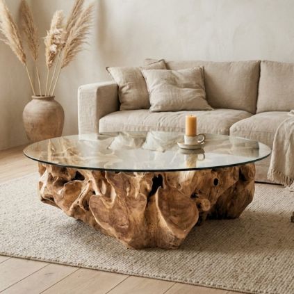 Table basse racine de teck ronde Ø140cm RACINE avec verre