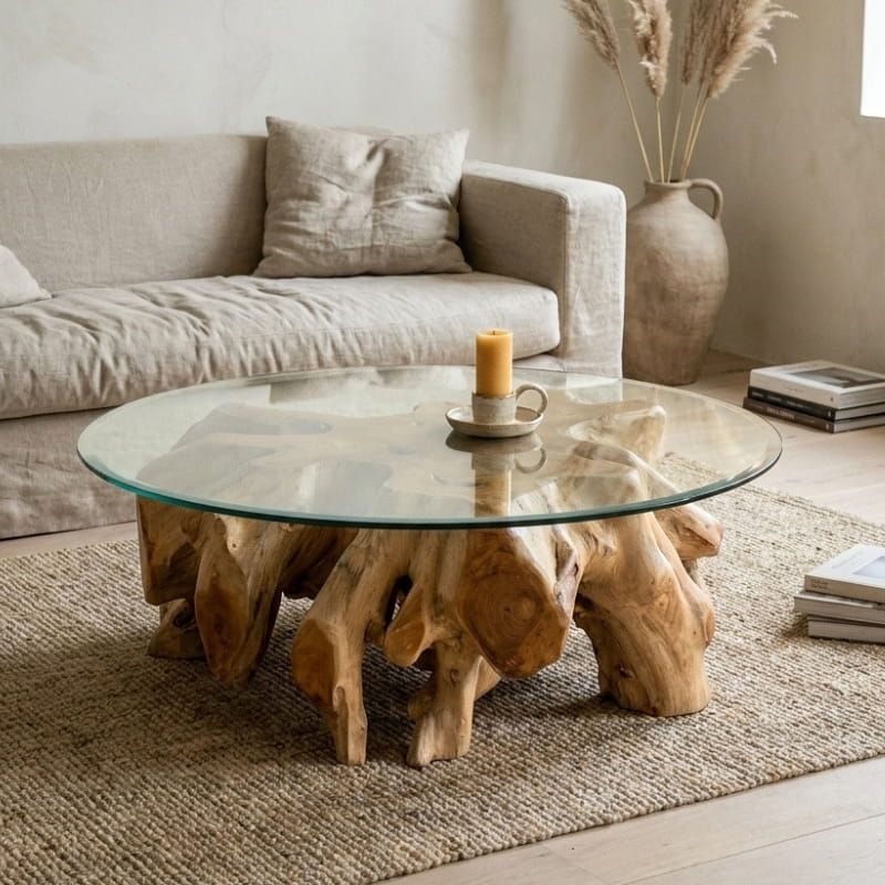 Table basse racine de teck ronde Ø120cm RACINE avec verre