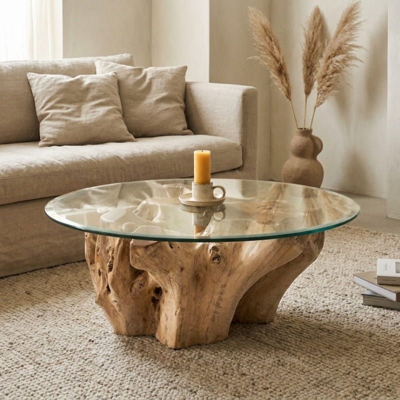 Table basse racine de teck ronde Ø100cm RACINE avec verre