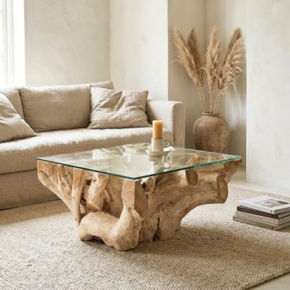 Table basse racine teck carrée 80cm RACINE avec verre