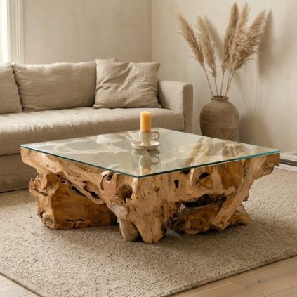 Table basse racine teck carrée 100cm RACINE avec verre