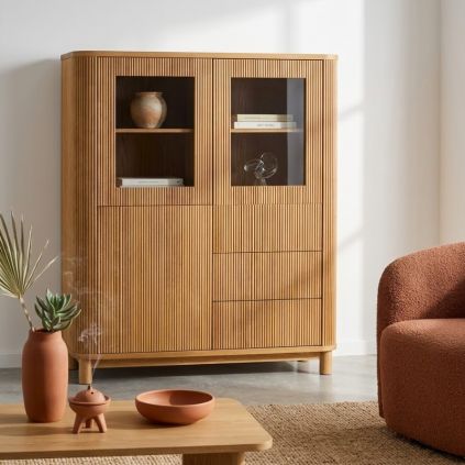 Enfilade vitrée en chêne massif cannelé HOUSTON 130cm