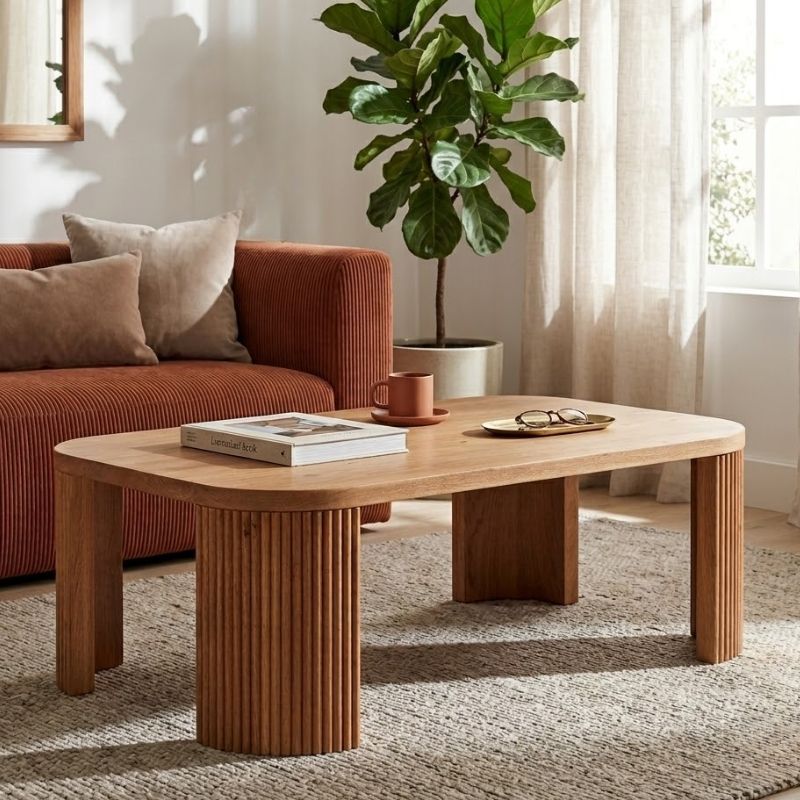 Table basse moderne chêne massif cannelé HOUSTON 115cm