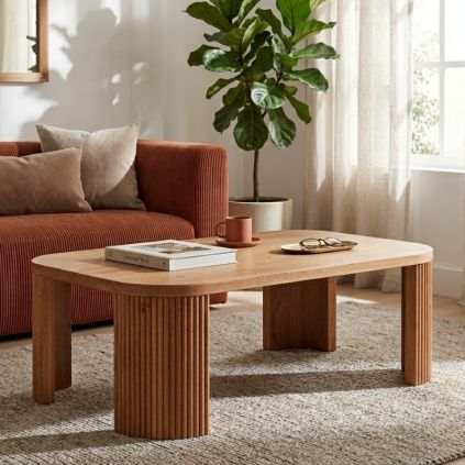 Table basse moderne chêne massif cannelé HOUSTON 115cm