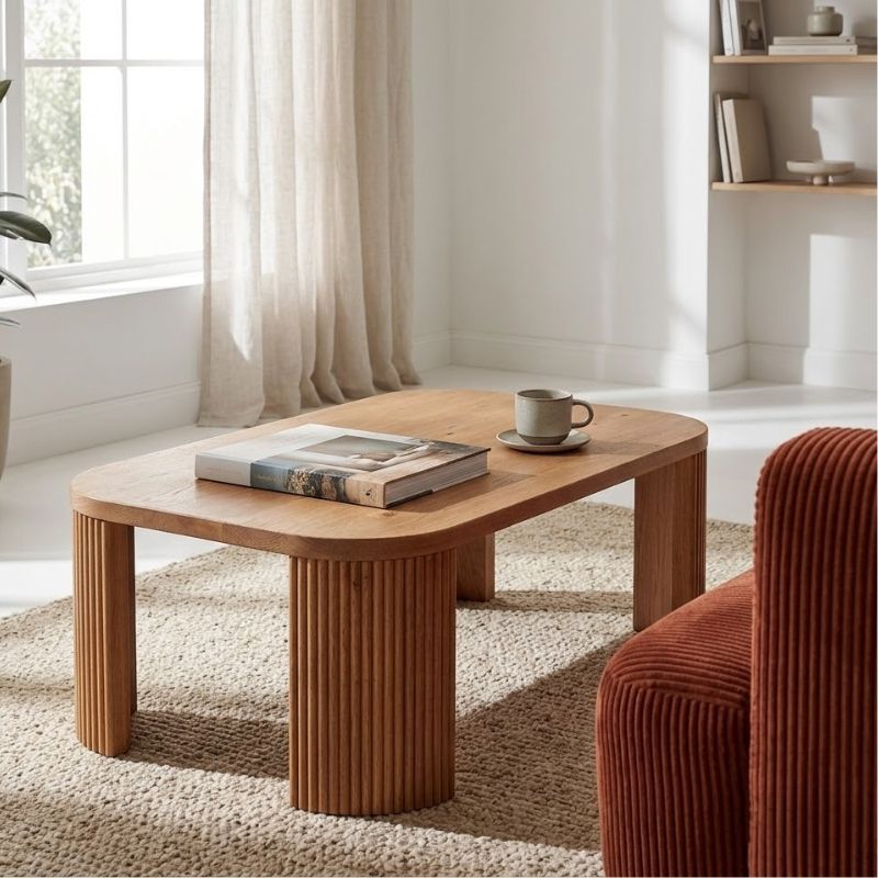 Table basse moderne chêne massif cannelé HOUSTON 115cm