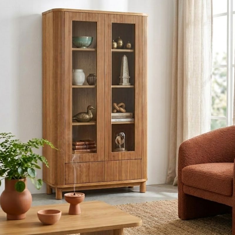Vitrine moderne en chêne massif cannelé HOUSTON 100cm