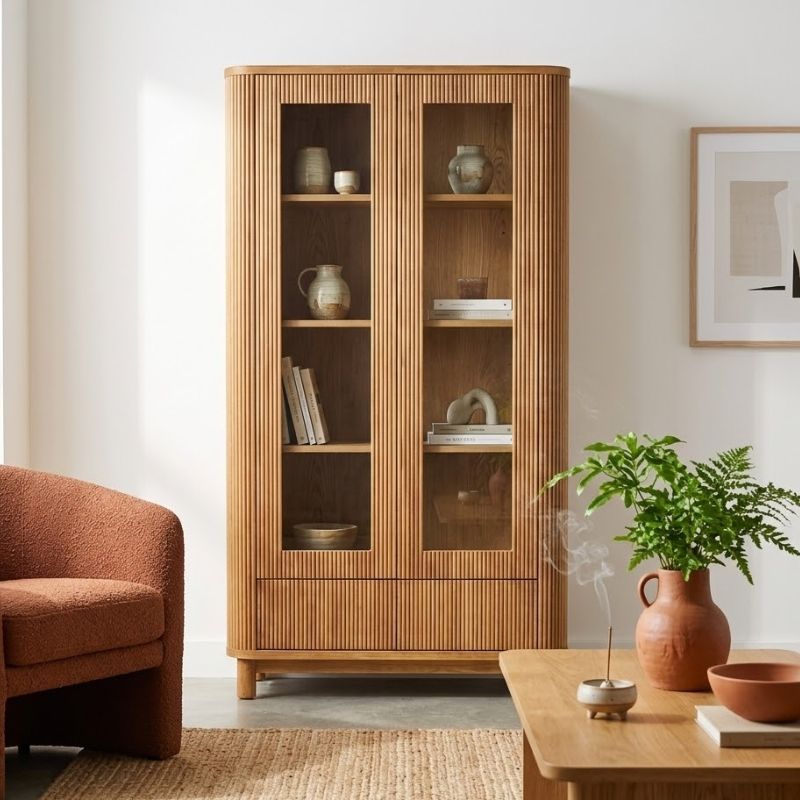 Vitrine moderne en chêne massif cannelé HOUSTON 100cm