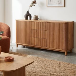 Buffet moderne en chêne massif cannelé HOUSTON 180cm