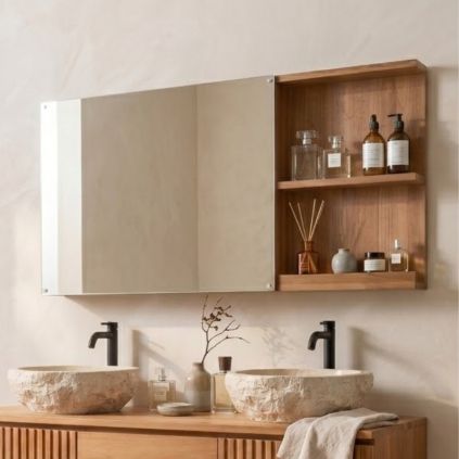Miroir salle de bain avec étagère en teck massif GARIS 120cm