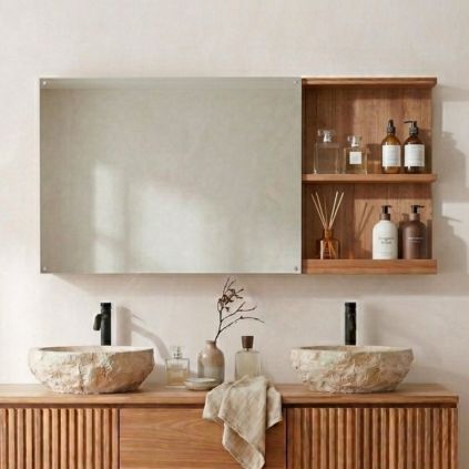 Miroir salle de bain avec étagère en teck massif GARIS 120cm
