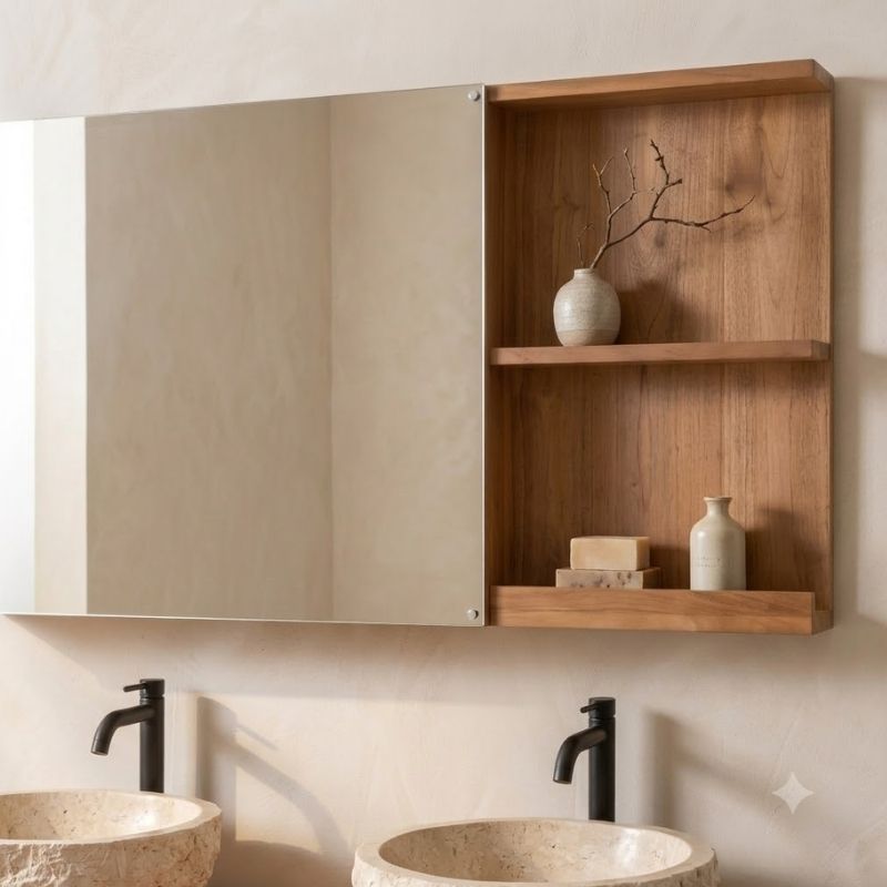 Miroir salle de bain avec étagère en teck massif GARIS 120cm