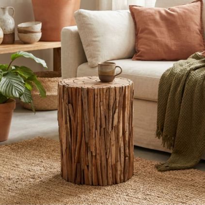 Bout de canapé teck recyclé RUSTIC d 35cm env