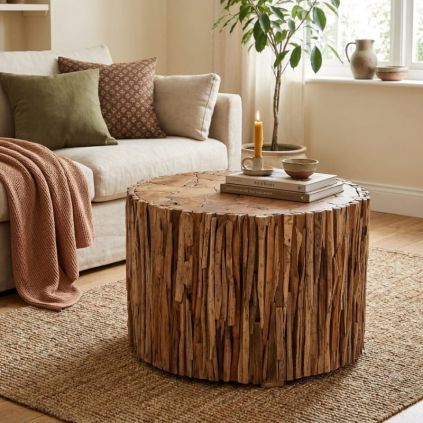 Table basse teck recyclé RUSTIC d60cm ronde