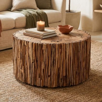 Table basse teck recyclé RUSTIC d80cm ronde