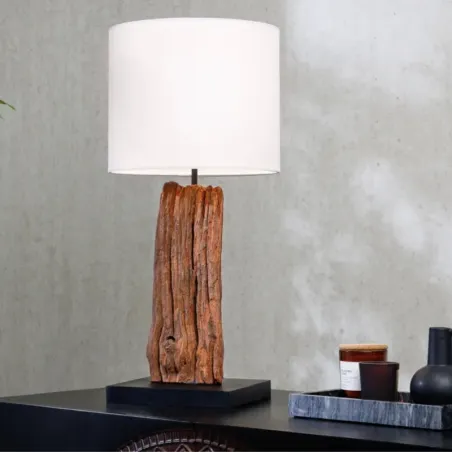 Lampe à poser en bois flotté RUSTIC h60cm abat-jour blanc