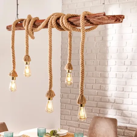 Lampe suspension en acacia massif recyclé et corde RUSTIC 110cm