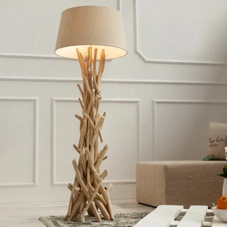 Lampadaire en bois flotté h155cm BRANCHE abat-jour sable