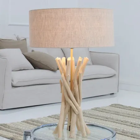 Lampe à poser bois flotté et lin BRANCHE h62cm