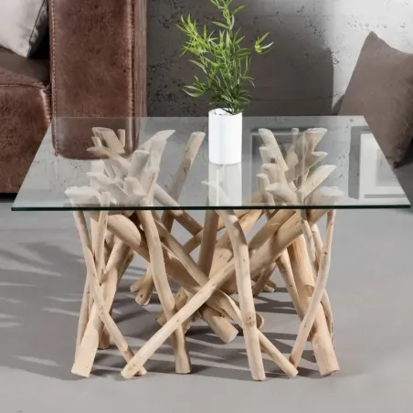Table basse carrée branche de teck et verre 80cm BRANCHE