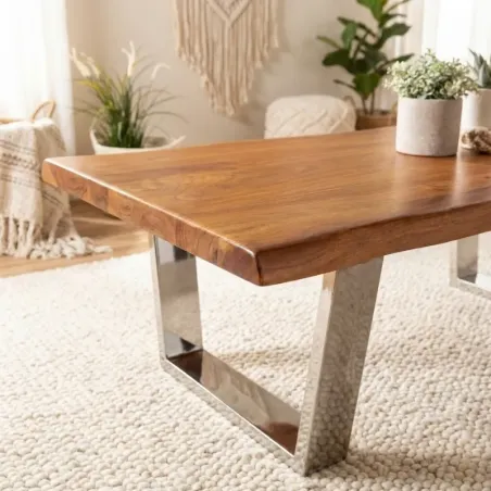 Table basse acacia massif live edge CANOPIA 110cm pieds trapèze chromés