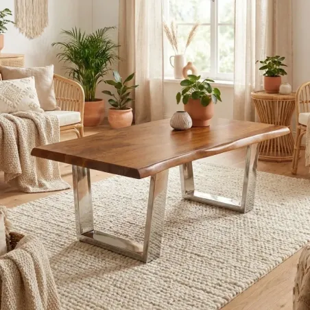 Table basse acacia massif live edge CANOPIA 110cm pieds trapèze chromés